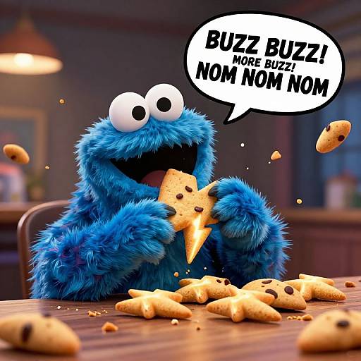 Digital CGI of blue Cookie Monster from Sesame Street, eating cookies, with a speech bubble saying 