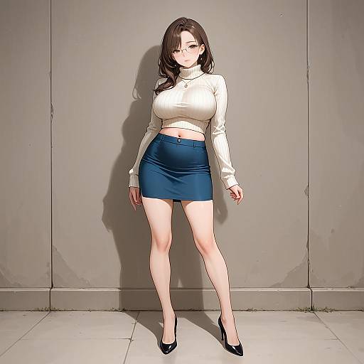 Mature woman in blue skirt and cropped sweater