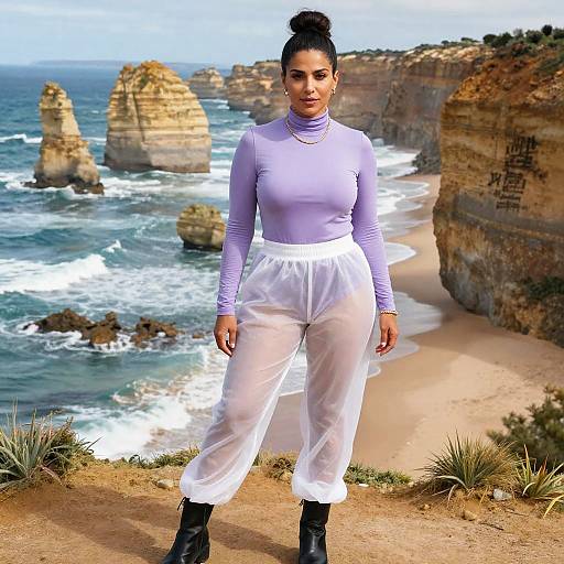 Photograph of a confident woman with dark hair in a bun, wearing a light purple long-sleeve top and white sheer pants, standing on a