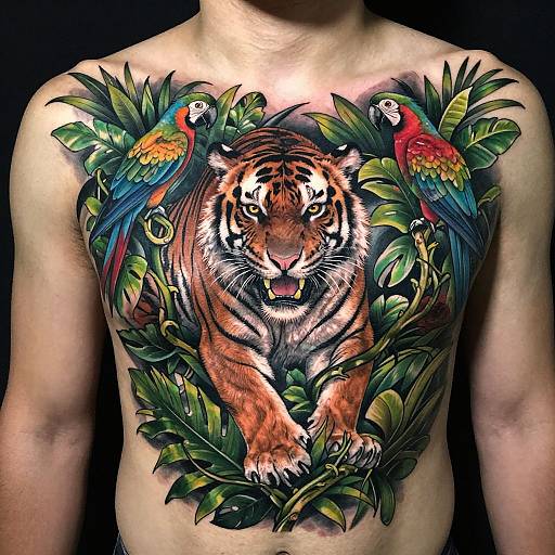 Tattooed chest of a muscular man with a vivid, colorful tiger surrounded by parrots and lush green leaves, set against a black background.