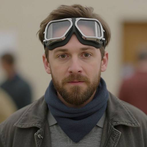 Photograph of a bearded, brown-haired man with goggles on his head, wearing a dark scarf, gray shirt, and brown jacket, standing outdoors