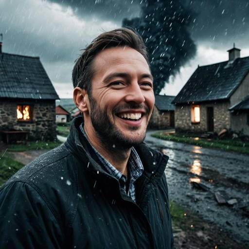 Joyful man in stormy village with falling ashes