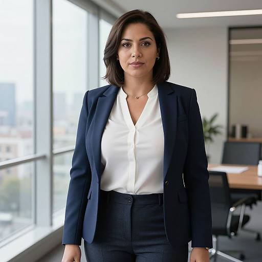 Photograph of a confident woman with medium skin tone, dark brown bob haircut, wearing a navy blazer and white blouse, standing in a bright,
