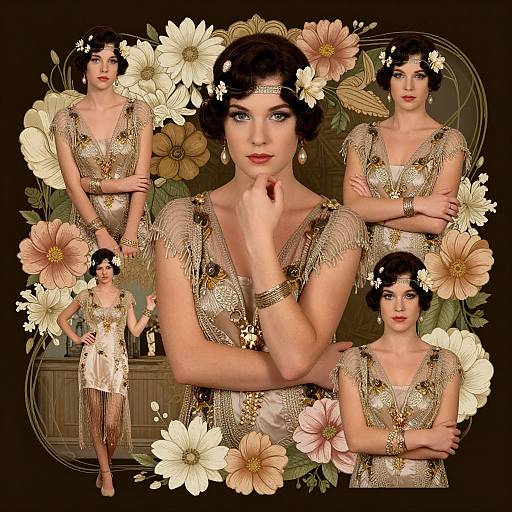 Digital artwork of a Roaring Twenties flapper with black bob, gold fringe dress, floral headpiece, surrounded by white flowers, showcasing four poses