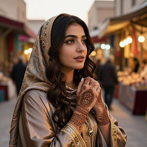 Photograph of a young South Asian woman with long, wavy dark hair, wearing a detailed gold and brown hijab and henna-adorned