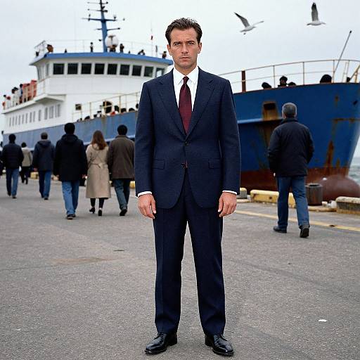 Photograph of a serious, middle-aged man in a black suit, white shirt, and maroon tie standing on a dock, with a large white
