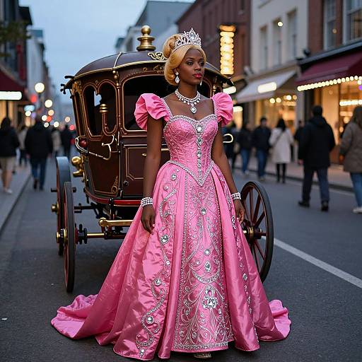 Photograph of a Black woman in a pink, sparkling princess gown with puffed shoulders, tiara, and Victorian carriage on a bustling evening street.