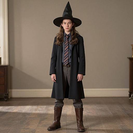 Photograph of a young woman with long brown hair, wearing a black witch hat, long coat, striped tie, gray pants, and brown boots,