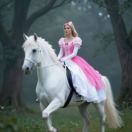 Photograph of a fair-skinned woman in a pink and white princess dress riding a white horse in a misty forest.