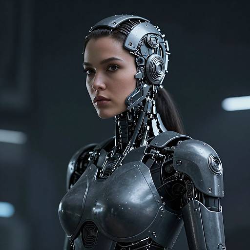 Photorealistic CGI of a stern-faced, cybernetic woman with sleek black robotic armor, intricate mechanical details, and dark hair in a ponytail