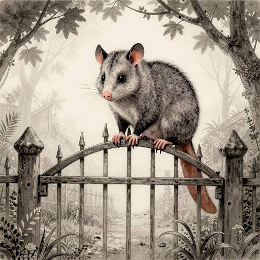 Digital drawing: A detailed, realistic gray opossum with pink nose and ears, perched on a wooden fence with spiked tops, in a mon