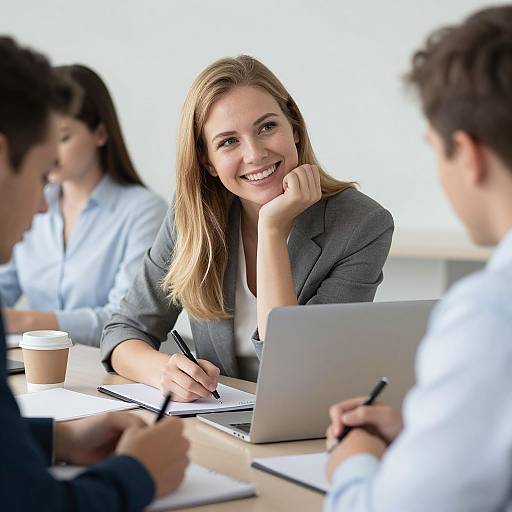 Photograph of a smiling blonde woman in a grey blazer, writing at a table during a meeting, with blurred colleagues and a laptop in a bright
