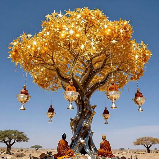 Photograph of a glowing golden acacia tree with star-like lights, surrounded by meditating Buddhist monks in orange robes, under hanging lanterns, against