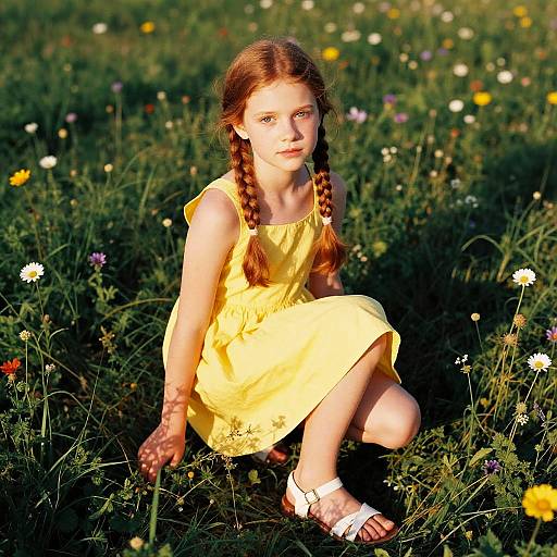 Photograph of a young girl with braided red hair, wearing a yellow dress and white sandals, kneeling in a sunlit meadow of wildflowers