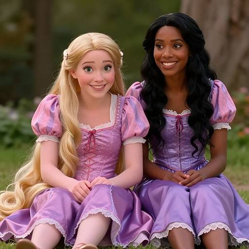 Photograph of a blonde white woman and a black woman with long hair, both wearing lavender fairy tale dresses, sitting outside, smiling.