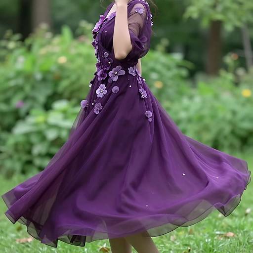 Photograph of a woman in a flowing, purple floral-embellished dress, standing in a lush green garden, with blurred foliage in the background