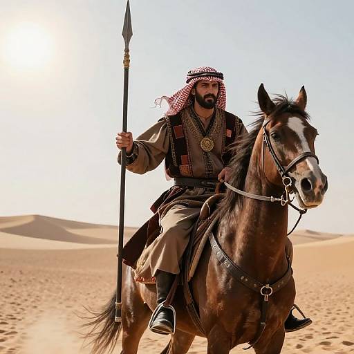 Photograph of a bearded Arab warrior in traditional attire, holding a spear, riding a dark brown horse in a sunlit desert.
