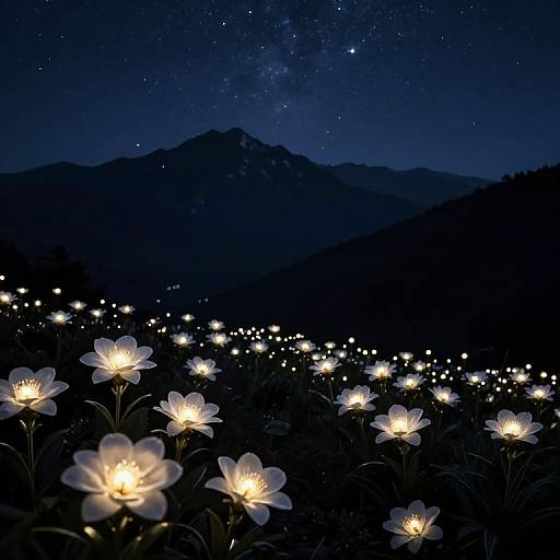 Photograph of a night scene with glowing white flowers in the foreground, a starry sky, and a dark mountain silhouette in the background.