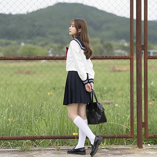 Asian Girl in Sailor Outfit by Fence