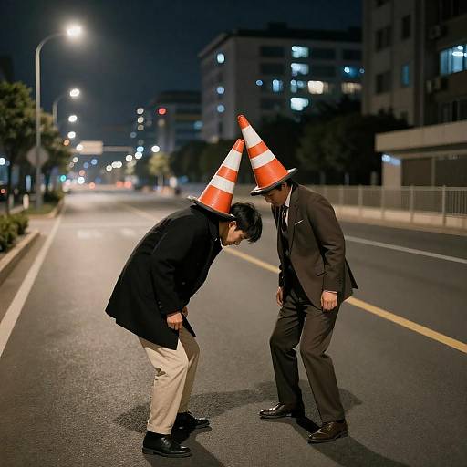 Two Men Wearing Traffic Cones on Heads at Night