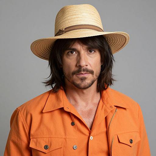 Photograph of a bearded man with medium-length black hair, wearing a straw hat and bright orange shirt, set against a plain gray background.