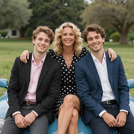 Cheerful Trio on a Blue Car