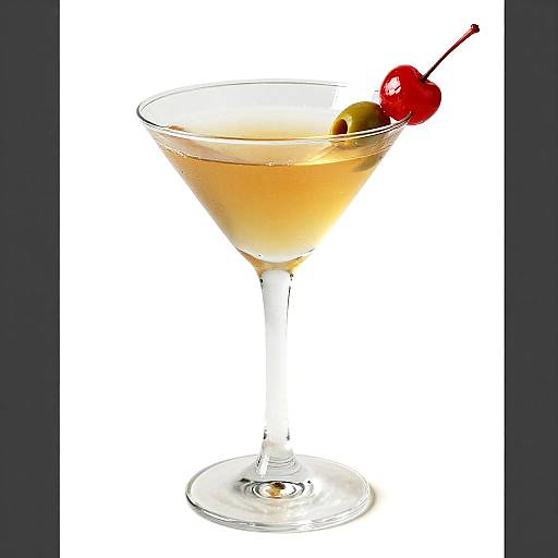 Photograph of a martini glass with golden liquid, garnished with a red cherry and green olive, set against a white background.