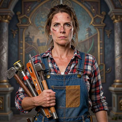 Photograph of a rugged, dirty-haired woman in blue denim overalls and plaid shirt, holding tools, with battle scars on her face, in