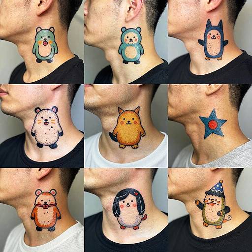 Photograph of a man's neck with six colorful cartoon tattoos, featuring various adorable characters: bear, owl, cat, star, bear with hat,