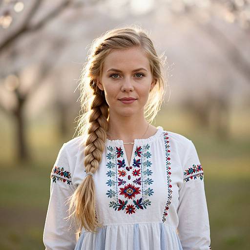 Photograph of a blonde woman with a braided ponytail, wearing a white dress with colorful floral embroidery, standing in a sunlit orchard.