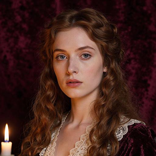 Photograph of a young woman with wavy brown hair, fair skin, and blue eyes, wearing a lace-trimmed black velvet dress, illuminated