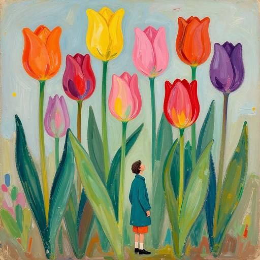Whimsical painting of a child in a blue coat, standing among tall, colorful tulips in red, yellow, pink, and purple, with