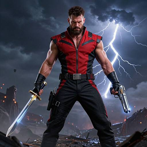 Muscular bearded man with red-black sleeveless vest, black pants, holding sword and gun, lightning bolt in stormy sky background.