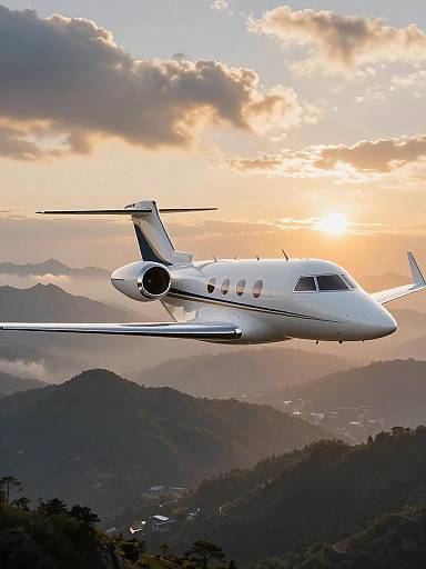 Golden Hour Business Jet Over Mountains