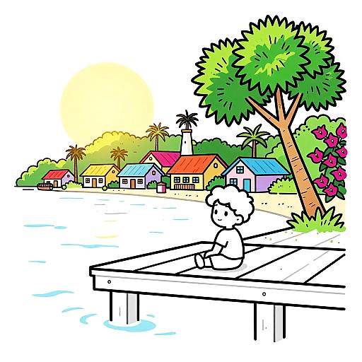 Colorful cartoon: child lounging on dock, tree with pink flowers, sunny village with colorful houses, palm trees, and water in background.