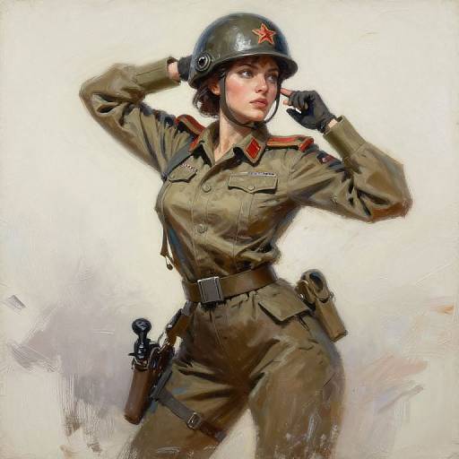 Digital painting of a confident female soldier in a green uniform with red star insignia, adjusting her helmet, holding a pistol.