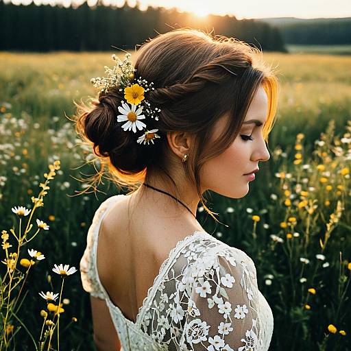 Woman with Floral Half-Updo Hairstyle in Wildflower Meadow