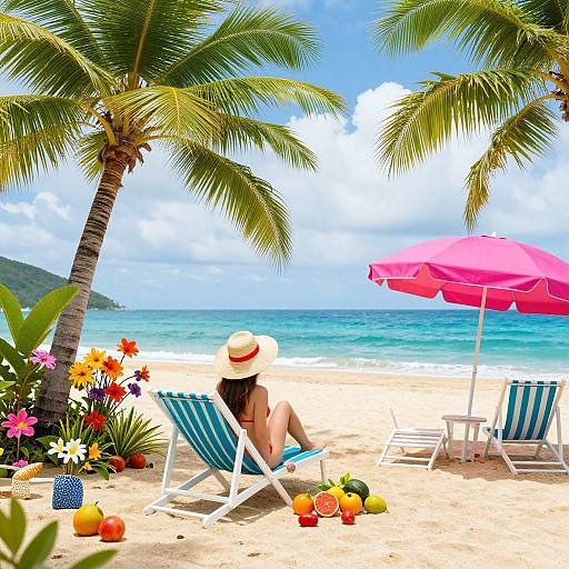 Photograph of a tropical beach scene: woman in a straw hat and bikini, blue striped chair, pink umbrella, palm trees, colorful flowers, and