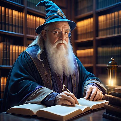 Wise Old Wizard Writing in Ancient Library