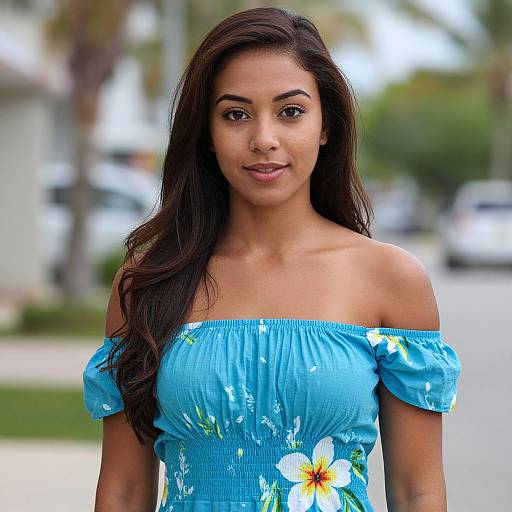 Photograph of a young woman with long dark hair, tan skin, wearing a blue off-shoulder dress with floral patterns, standing on a sunny