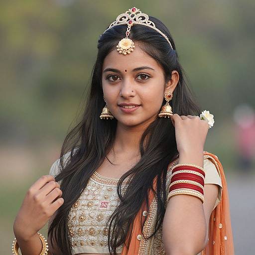 Photograph of a young South Asian woman with long black hair, wearing traditional gold jewelry, a silver headpiece, and an embroidered beige top, standing