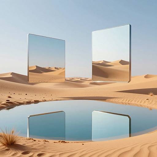 Digital artwork of three floating, reflective glass panels in a desert landscape with sand dunes, a clear blue sky, and a circular water pool reflecting the