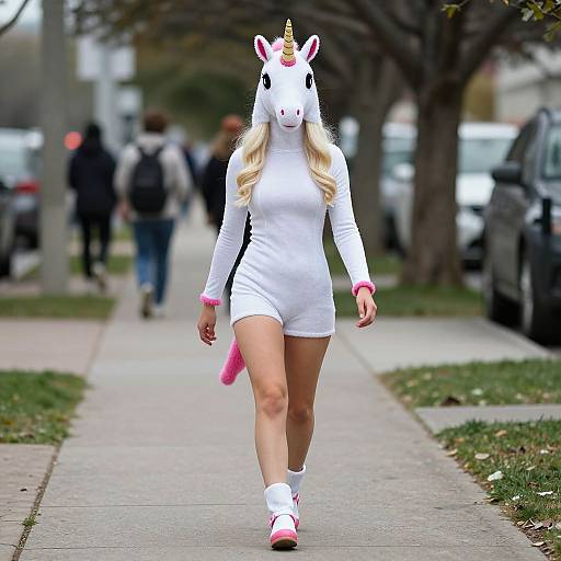 Photograph of a blonde woman in a white unicorn onesie, pink wrist cuffs, and white sneakers, walking on a city sidewalk.