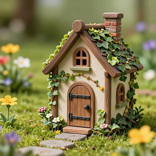 Photograph of a tiny, whimsical, ivy-covered cottage with a wooden door and arched windows, set in a vibrant, flower-filled garden