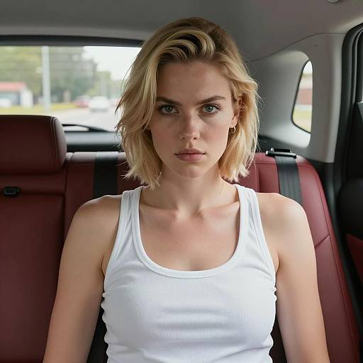 Intense Blonde Woman in Car Interior