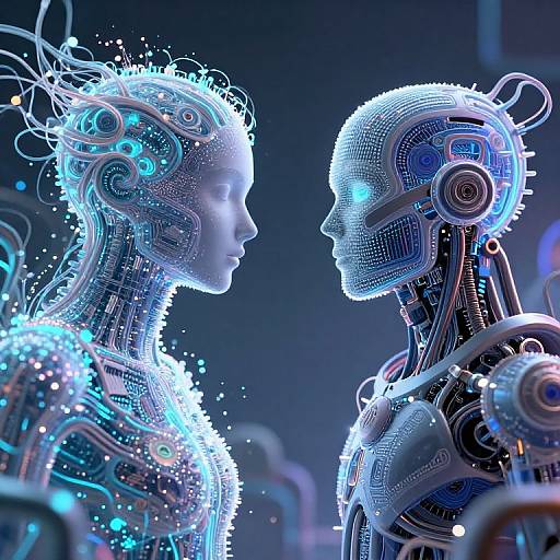 Digital CGI of two glowing, blue-lit, wireframe humanoid robots facing each other, with intricate circuitry and neon lights, set against a dark