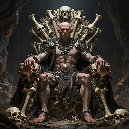 Digital artwork of a muscular, bald, sinister-looking king with pointed ears, seated on a bone throne, adorned with skulls and jewelry, in a dark