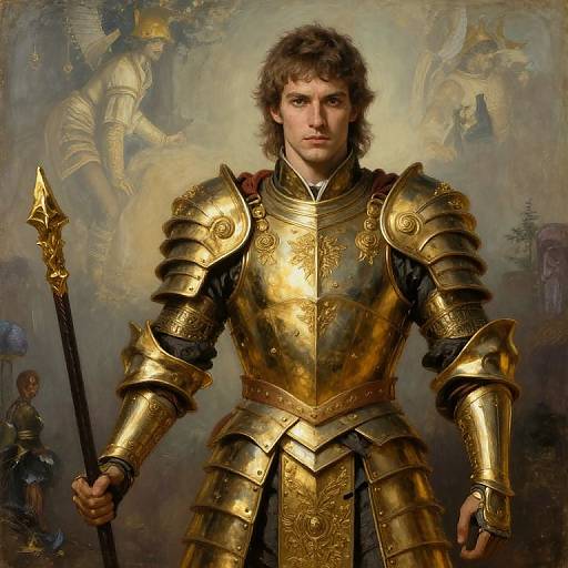Digital painting of a young man with curly brown hair, wearing ornate golden medieval armor, holding a spear, set against a classical, historical background.