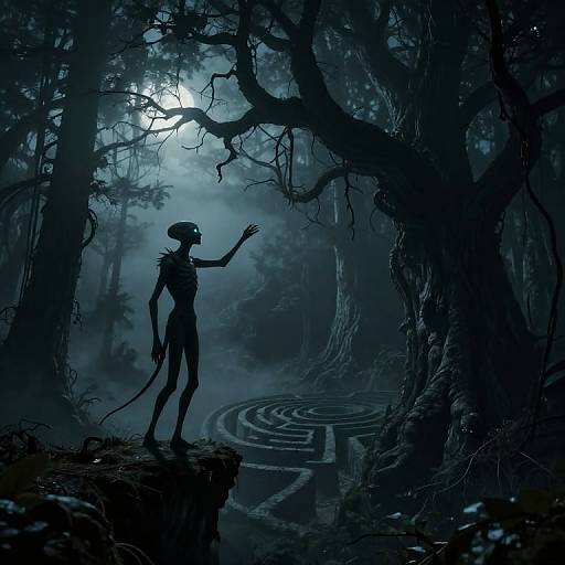 Silhouetted alien figure with elongated limbs and helmet stands in a dark, misty forest, raising an arm, with a glowing moon overhead