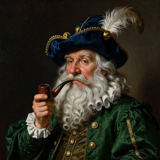 Detailed digital painting of an elderly, white-bearded man in a dark blue, feathered hat, green velvet coat, holding a brown pipe, against